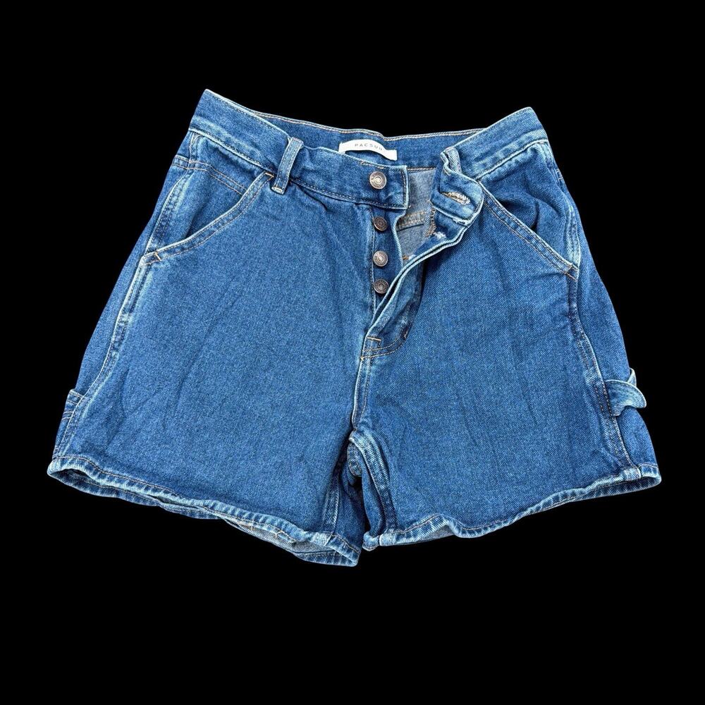 PacSun Dad Carpenter Shorts Blue Womens Sz 27 High Rise Button Denim Utility Y2K